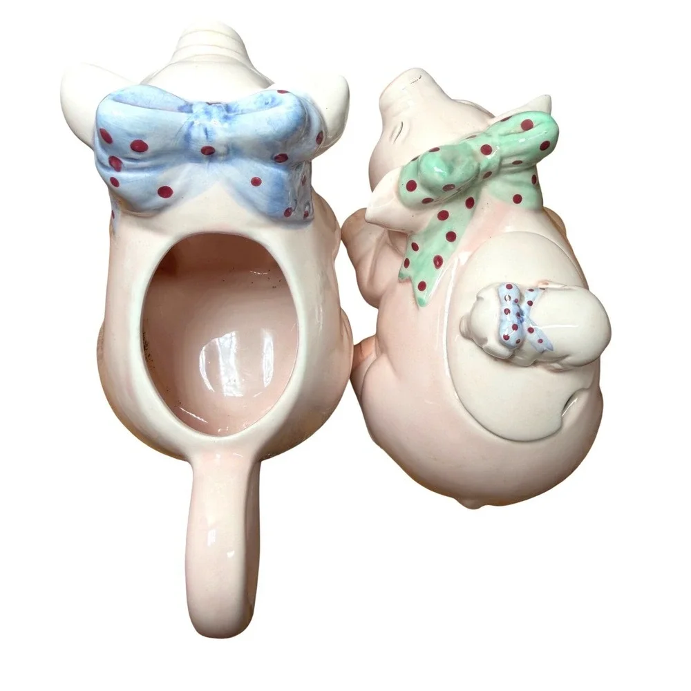 Vintage Pig Creamer and Sugar Bowl Set‎ Pink Ceramic Polka Dot Bows Farmhouse